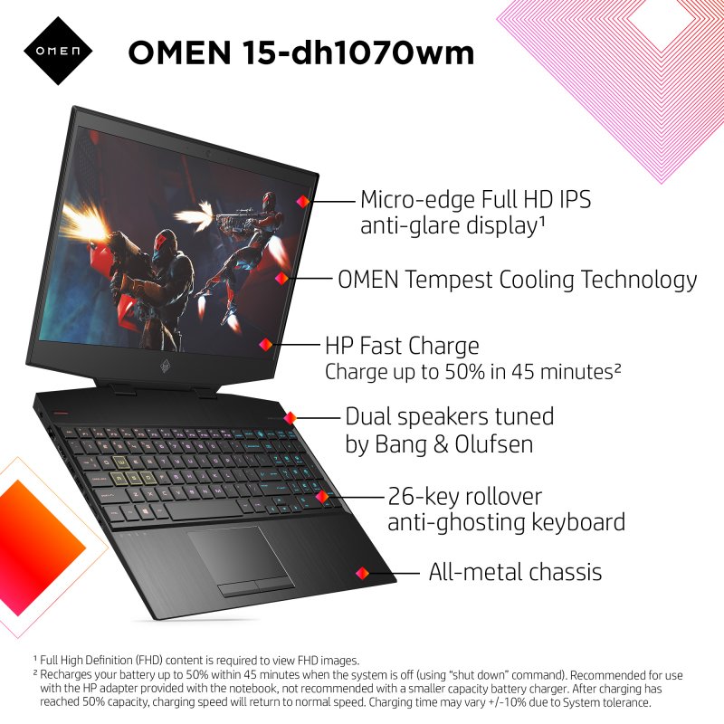 HP Omen Gaming Laptop (15-dh1070wm) Intel Core I7-10750H, Nvdia Geforce GTX 1660 Ti- 6GB, SSD 256GB+ 1TB HDD, 15.6 FHD IPS LED Display (300 nitc), Ram 16 gb (max 32gb), Windows 10 Omen Qulaqciq, Omen maus,