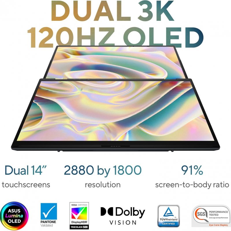 ASUS Zenbook Duo Dual UX8406M, Intel Core Ultra 9-185H, Ram 32gb, SSD 1TB PCIEG4, LCD 14.0 OLED WQ+BEND GL TP, Windows 11 Home,