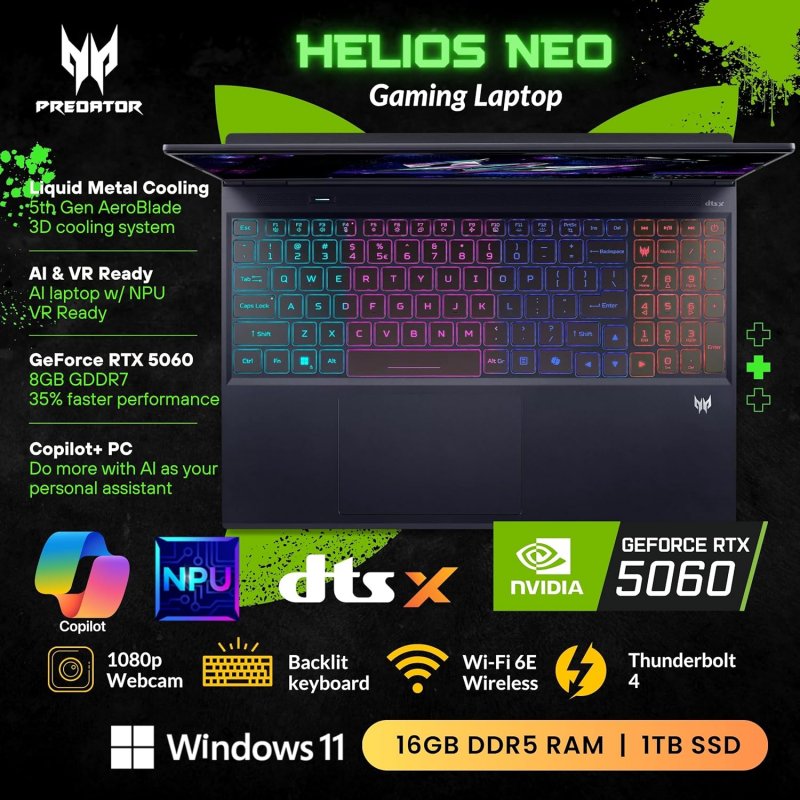 Acer Predator Helios Neo 16S AI Gaming Laptop, Intel Core Ultra 9-275HX, Nvdia Geforce RTX 5060, SSD 1TB, Ram 16gb, 16 240Hz 2.5K OLED, Windows 11