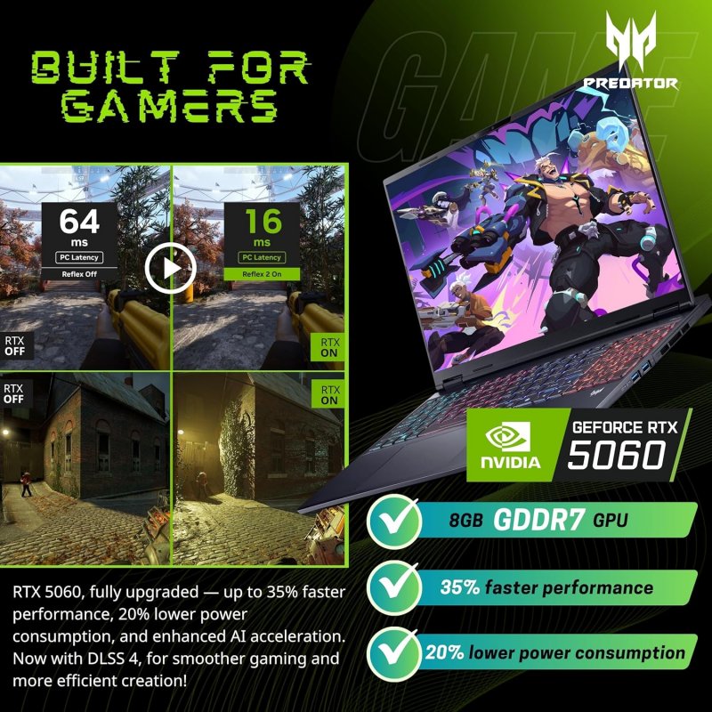 Acer Predator Helios Neo 16S AI Gaming Laptop, Intel Core Ultra 9-275HX, Nvdia Geforce RTX 5060, SSD 1TB, Ram 16gb, 16 240Hz 2.5K OLED, Windows 11